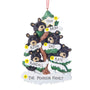 Personalized bear family of 5 ornament with five black bears in a snow-covered evergreen tree and space for five names, a short phrase, and year. Shown with example personalization.