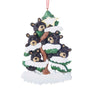 Personalized bear family of 5 ornament with five black bears in a snow-covered evergreen tree and space for five names, a short phrase, and year. 