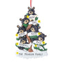 Personalized bear family of 6 ornament with six black bears in a snow-covered evergreen tree and space for six names, a family name, and year. Shown with example personalization.