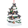 Personalized bear family of 6 ornament with six black bears in a snow-covered evergreen tree and space for six names, a family name, and year.