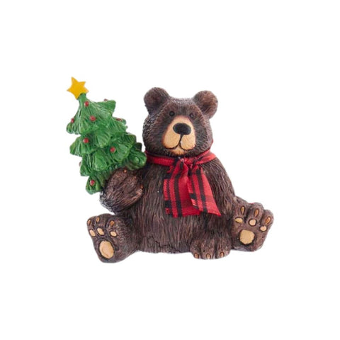 Brown bear ornament wearing a red plaid scarf and holding a decorated Christmas tree with a gold star on top.