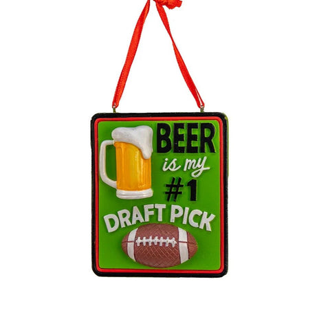 Green beer draft pick ornament with a beer mug, football, and “Beer is my #1 draft pick” lettering.