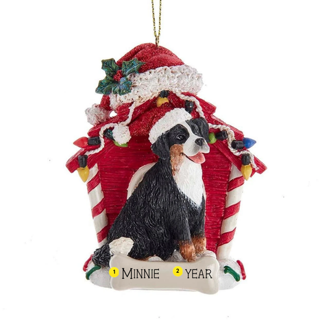 Personalized Bernese Mountain Dog house ornament with the name Minnie and year shown on the bone-shaped plaque.