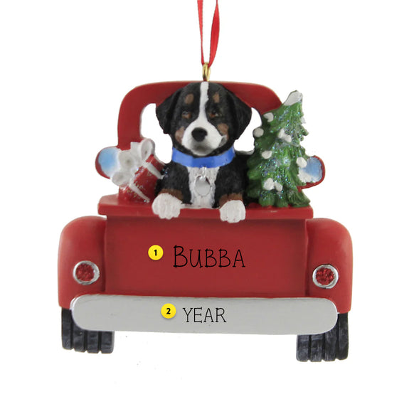 Personalized Bernese Mountain Dog in Back of Truck Ornament with tree and gift