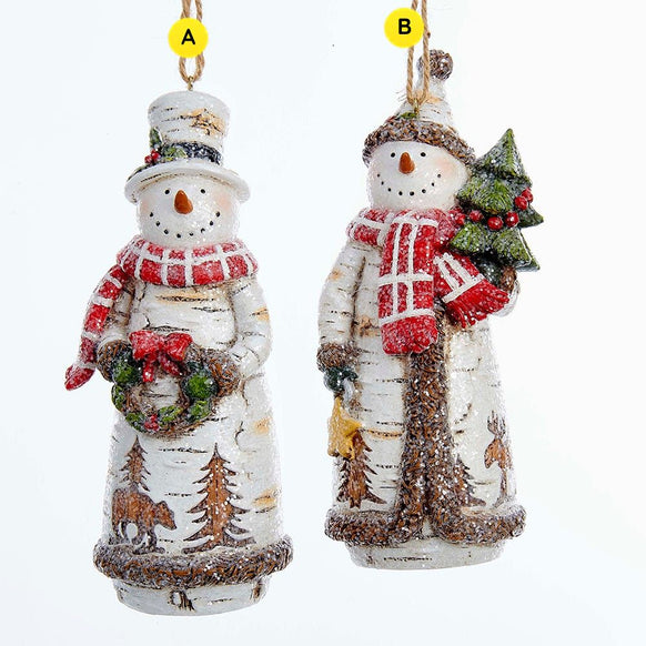 Birch Snowman Ornaments sold individually, featuring rustic snowman figures with birch bark-style texture, red plaid scarves, and either a wreath or evergreen tree.