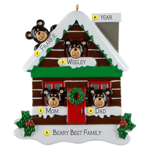 Personalized Bear Family of 4 in a House Ornament