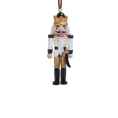 Black, white, and gold nutcracker ornament holding a curved sword, with painted details, a crown-style hat, and a long white beard.

C: King Nutcracker Ornament