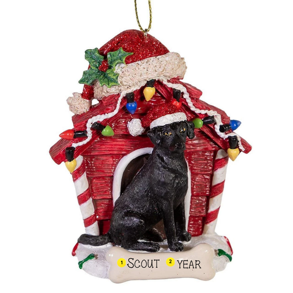 Personalized Black Labrador Retriever dog house ornament with the example name Scout and year shown on the bone-shaped plaque.