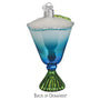 Decorative glass ornament resembling a cocktail glass with blue and green gradient on a white background.