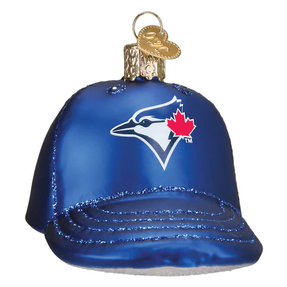 Blue baseball cap ornament with a Blue Jays logo on a white background