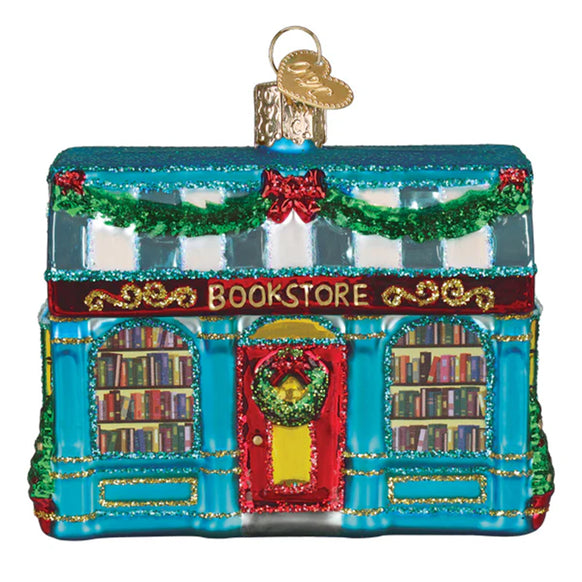 Decorative ornament of a bookshop with books and a door, on a white background