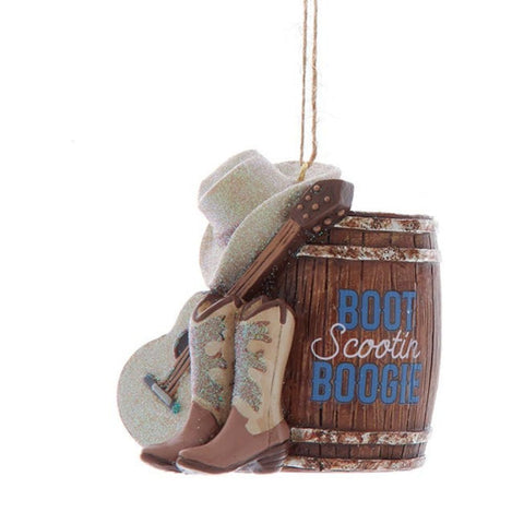 Western Christmas ornament with cowboy boots, a guitar, a hat, and a rustic barrel that reads Boot Scootin’ Boogie.