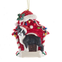 Black and white Boston Terrier wearing a Santa hat in a red dog house Christmas ornament with colorful lights.