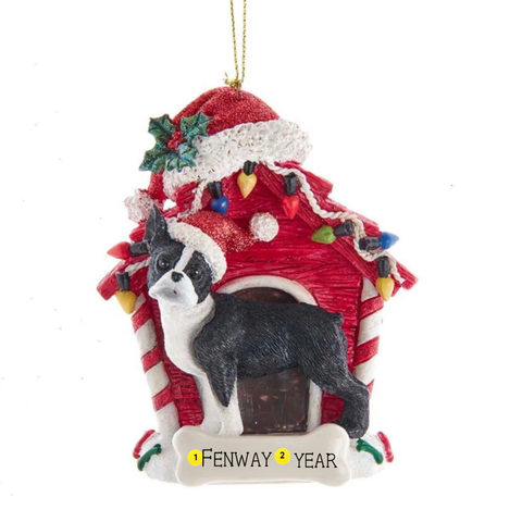 Personalized Boston Terrier dog house ornament with the example name Fenway and year shown on the bone-shaped plaque.
