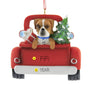 Boxer Dog ornament in a red truck with a Christmas tree and gift, personalized with names and year