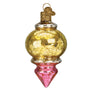 Decorative glass ornament with gold and pink design on a white background