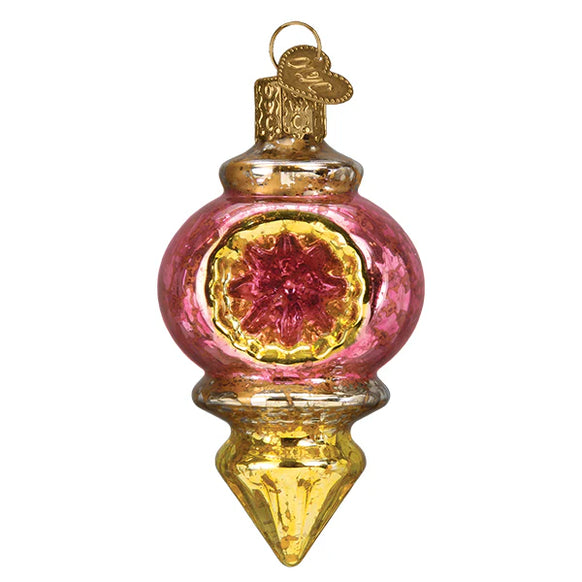 Decorative glass ornament with pink and gold colors on a white background