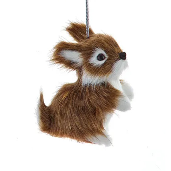Plush Bunny ornament hanging on a silver cord on a white background