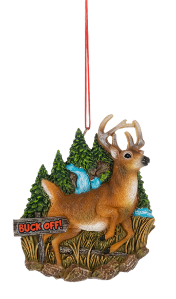 Buck Off Deer ornament featuring a standing brown buck with antlers in a woodland scene, complete with evergreen trees, a blue waterfall, tall grass, and a rustic “Buck Off!” sign.