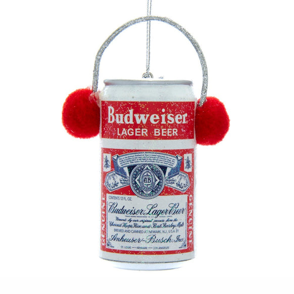 Budweiser® ornament shaped like a classic red and white beer can with a silver hanger styled like earmuffs and bright red fuzzy ear covers.