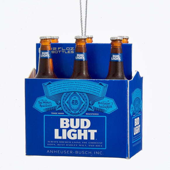 Bud Light ornament shaped like a blue six-pack carrier filled with mini brown beer bottles and classic Bud Light label details.