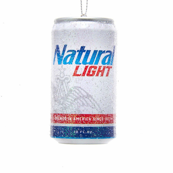 Budweiser® Natural Light Can ornament shaped like a silver beer can with blue and red logo details and a glittery frosted finish.