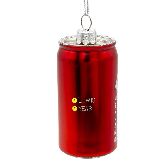 Personalized Budweiser® glass can ornament with space on the back for a name and year on the red metallic finish.