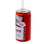 Side view of Budweiser® glass can ornament with red metallic finish and partial Budweiser label detail.