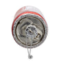 Top view of Budweiser® glass can ornament showing the silver can top, glittered rim, and hanging loop.