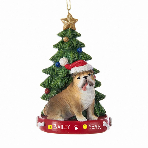 Personalized Bulldog with Christmas tree ornament for dog lovers.