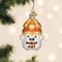 Decorative Christmas ornament shaped like a ghost with 'BURNED OUT' text, hanging on a tree.