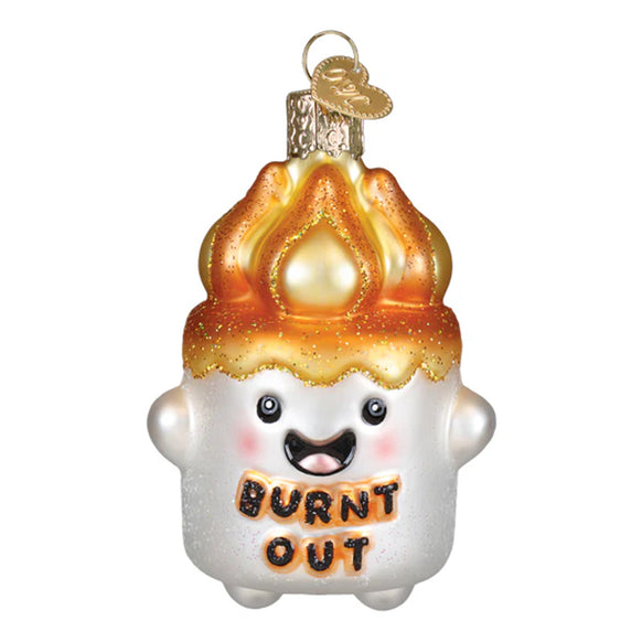 Glass ornament shaped like a marshmallow with a burnt-out sign on a white background