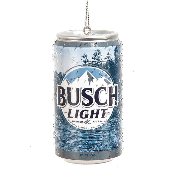 Budweiser® Busch Light ornament shaped like a blue beer can with mountain imagery, bold logo lettering, and a textured frosty finish.
