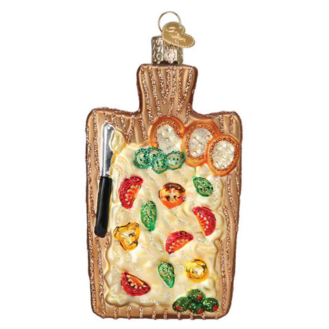 Butter Board Christmas Ornament with Vegetables and Bread on board with butter knife