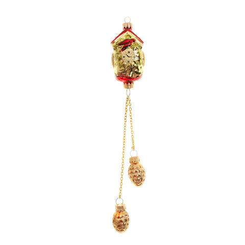 Gold and red Lauscha glass cuckoo clock Christmas ornament with hanging chains and pinecone weights