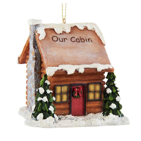 Log Cabin Christmas Ornament with words OUR CABIN on the roof Lights up on the inside 