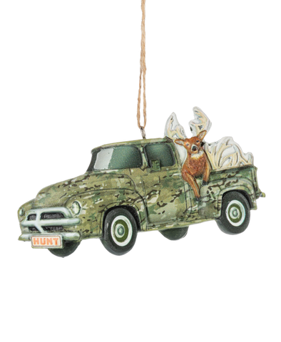Camo Hunting Truck ornament featuring a camouflage pickup truck with a deer in the bed and a HUNT license plate.