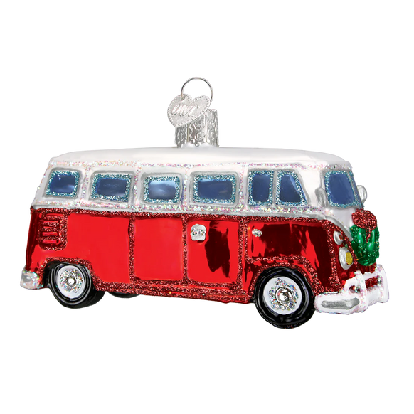Red and white vintage van ornament on a white background