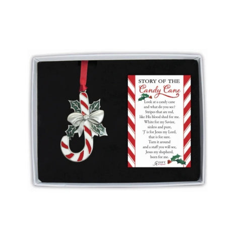 Candy Cane Story Ornament in gift box with red and white candy cane, holly leaves, silver bow, and printed story card
