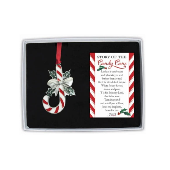 Candy Cane Story Ornament in gift box with red and white candy cane, holly leaves, silver bow, and printed story card
