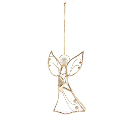 Gold and capiz angel ornament holding a tambourine, with a pearl-look head, scrollwork wings, and a translucent dress with gold trim.