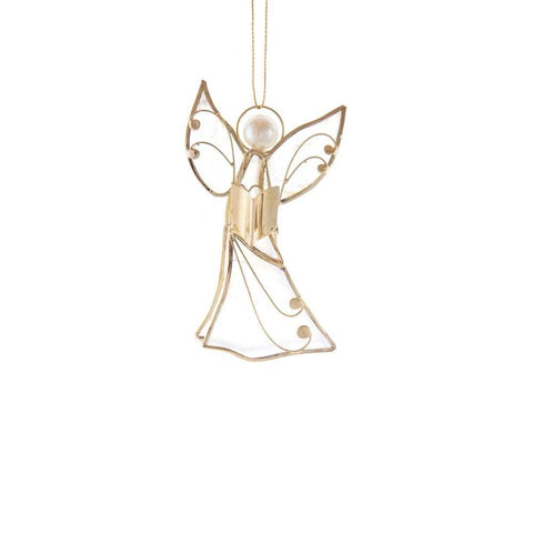 Gold and capiz angel ornament holding a song book, with a pearl-look head, scrollwork wings, and a translucent flowing gown.