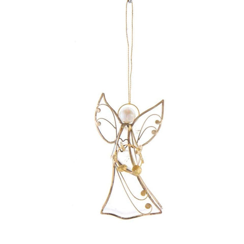 Gold and capiz angel ornament holding a tambourine, with a pearl-look head, scrollwork wings, and a translucent dress with gold trim.