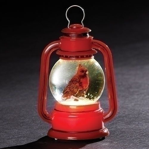 Red LED lantern waterglobe ornament with a cardinal inside a lighted globe and a snowy winter scene.