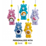 Personalized Care Bears Christmas ornament options labeled A through E, shown with placement for adding a name and year.