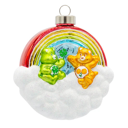 Glass Care Bears Lovable Rainbow ornament featuring two colorful Care Bears sitting on a white glittered cloud beneath a rainbow.