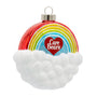 Back of glass Care Bears Lovable Rainbow ornament with a rainbow, white glittered cloud, and red heart-shaped Care Bears logo.
