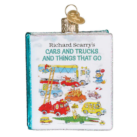 Decorative book ornament with illustrations of cars and trucks, featuring 'Richard Scarry's Cars and Trucks and Things That Go'.