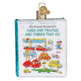 Decorative book ornament with illustrations of cars and trucks, featuring 'Richard Scarry's Cars and Trucks and Things That Go'.