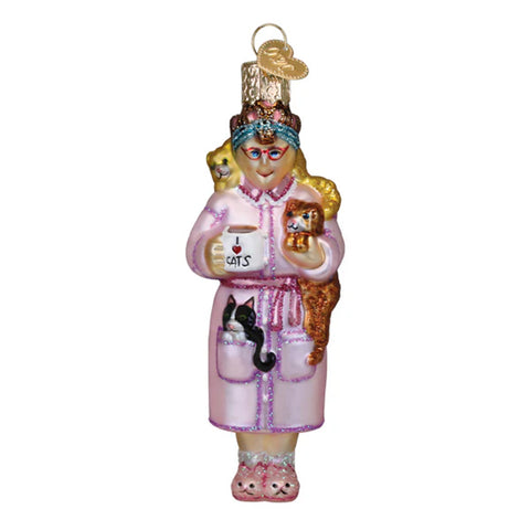 Cat Lady Ornament In her bathrobe holding all her cats